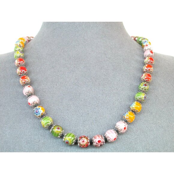 Millefiori Glass Bead Necklace 16" With Silver Tone Clasp & Floral Design - Picture 1 of 3